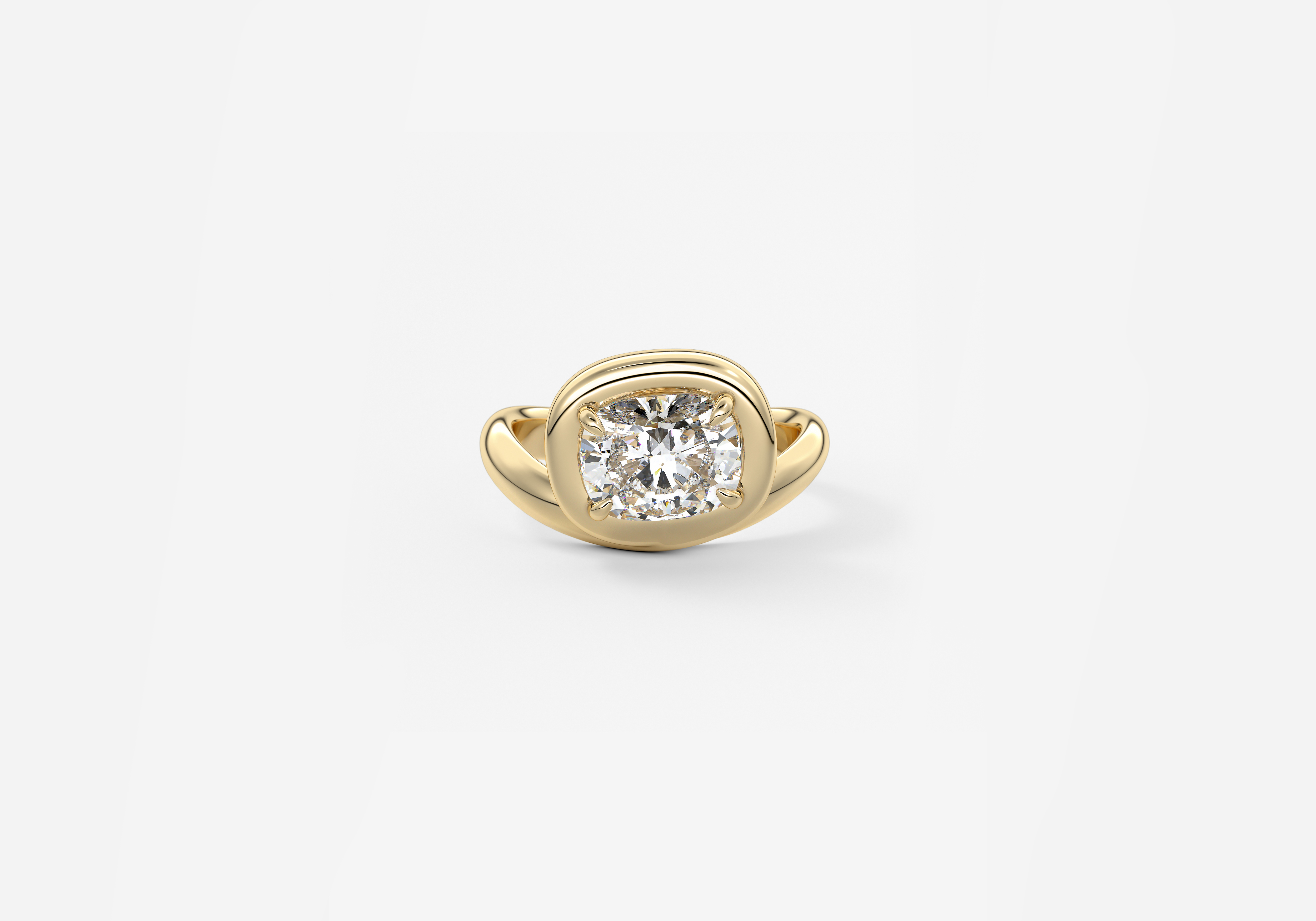 The Noodle Engagement Ring in YG metal featuring Cushion, Elongated Cushion, Old Mine cut with Solitaire,Half Bezel,Bezel,East West,Chunky setting
