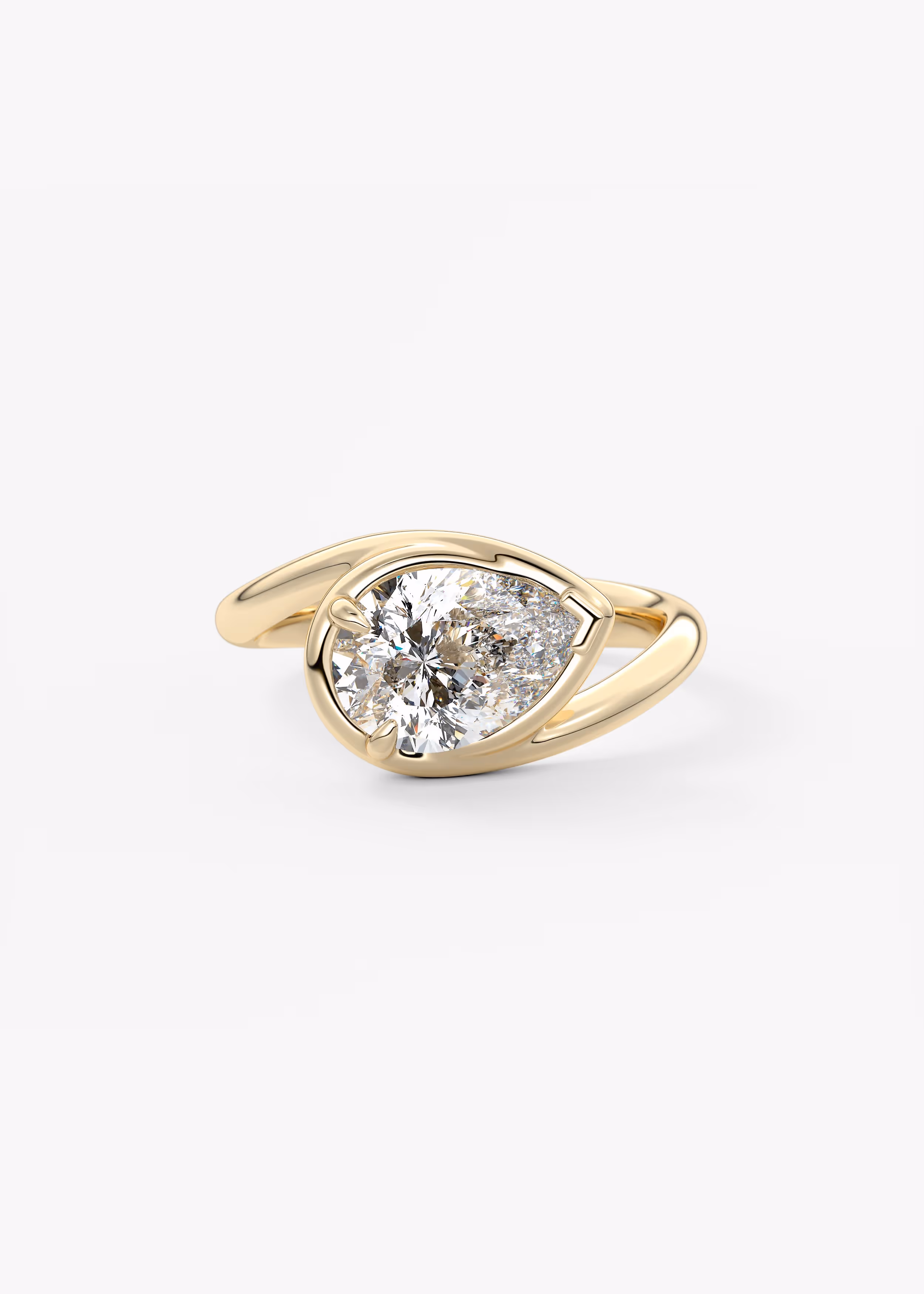 The Ribbon Engagement Ring in YG metal featuring Pear cut with Solitaire,Half Bezel,Bezel,East West,Chunky setting