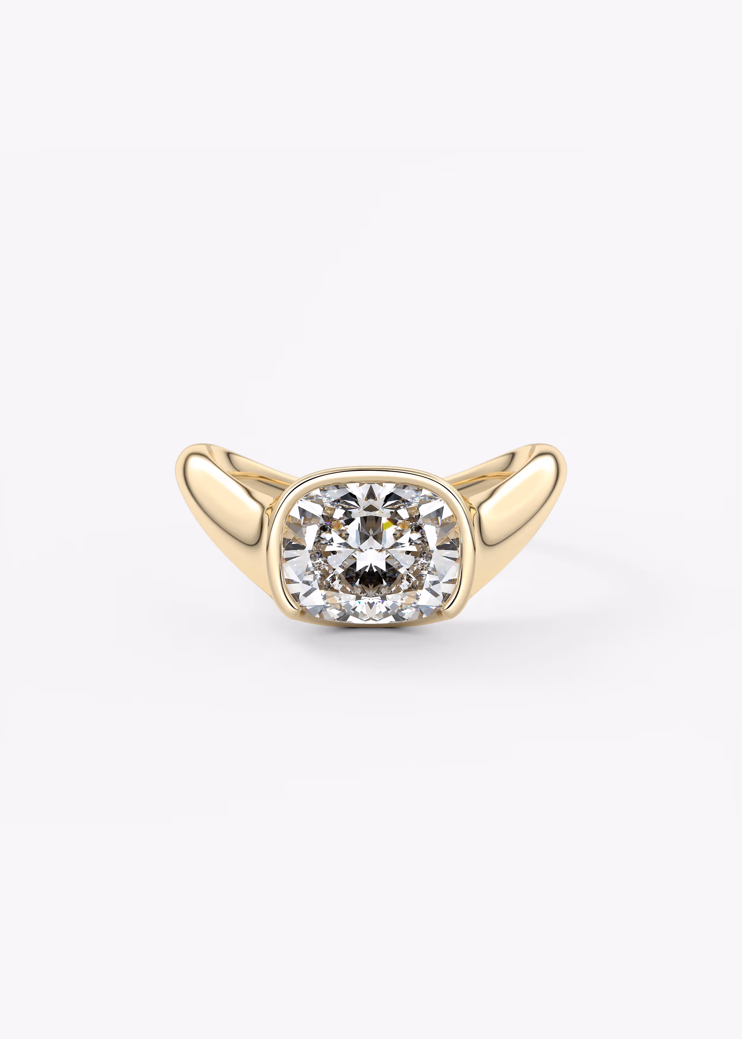 The Ray Engagement Ring in YG metal featuring Cushion, Elongated Cushion, Old Mine cut with Solitaire,Half Bezel,Bezel,East West,Chunky setting