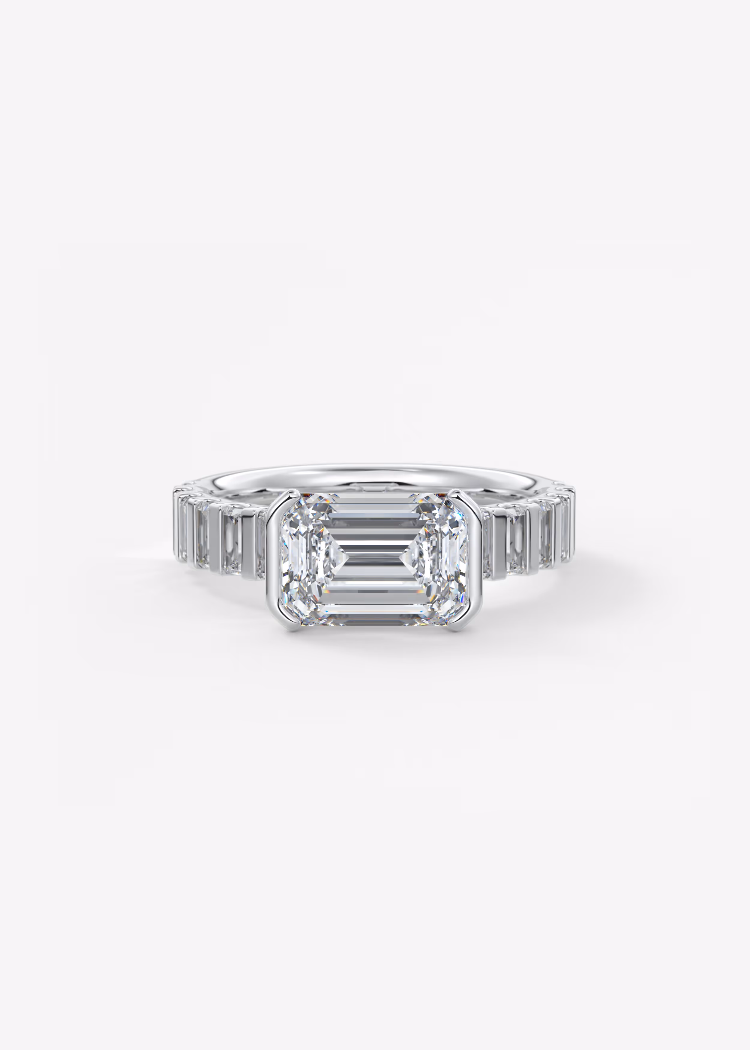 The Deco Plutch  engagement in WG metal featuring Emerald cut with Half Bezel,Vintage Inspired setting