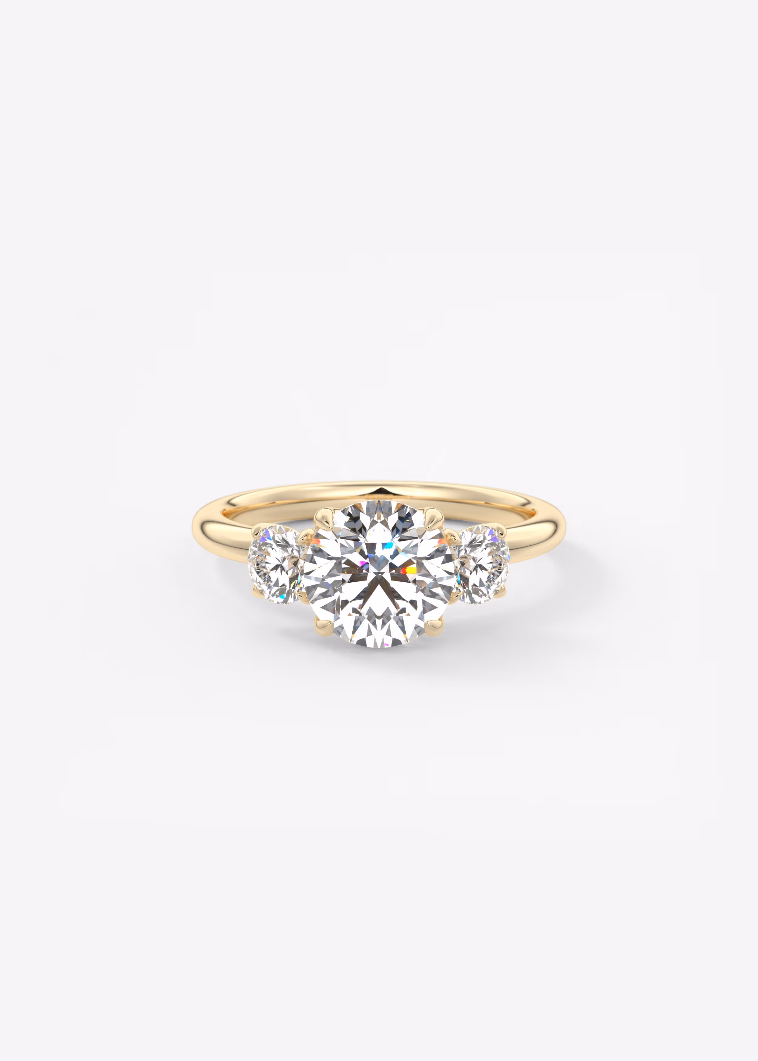Round four prong three stone Frank Darling diamond engagement ring with round sidestones and low profile floral prong basket design