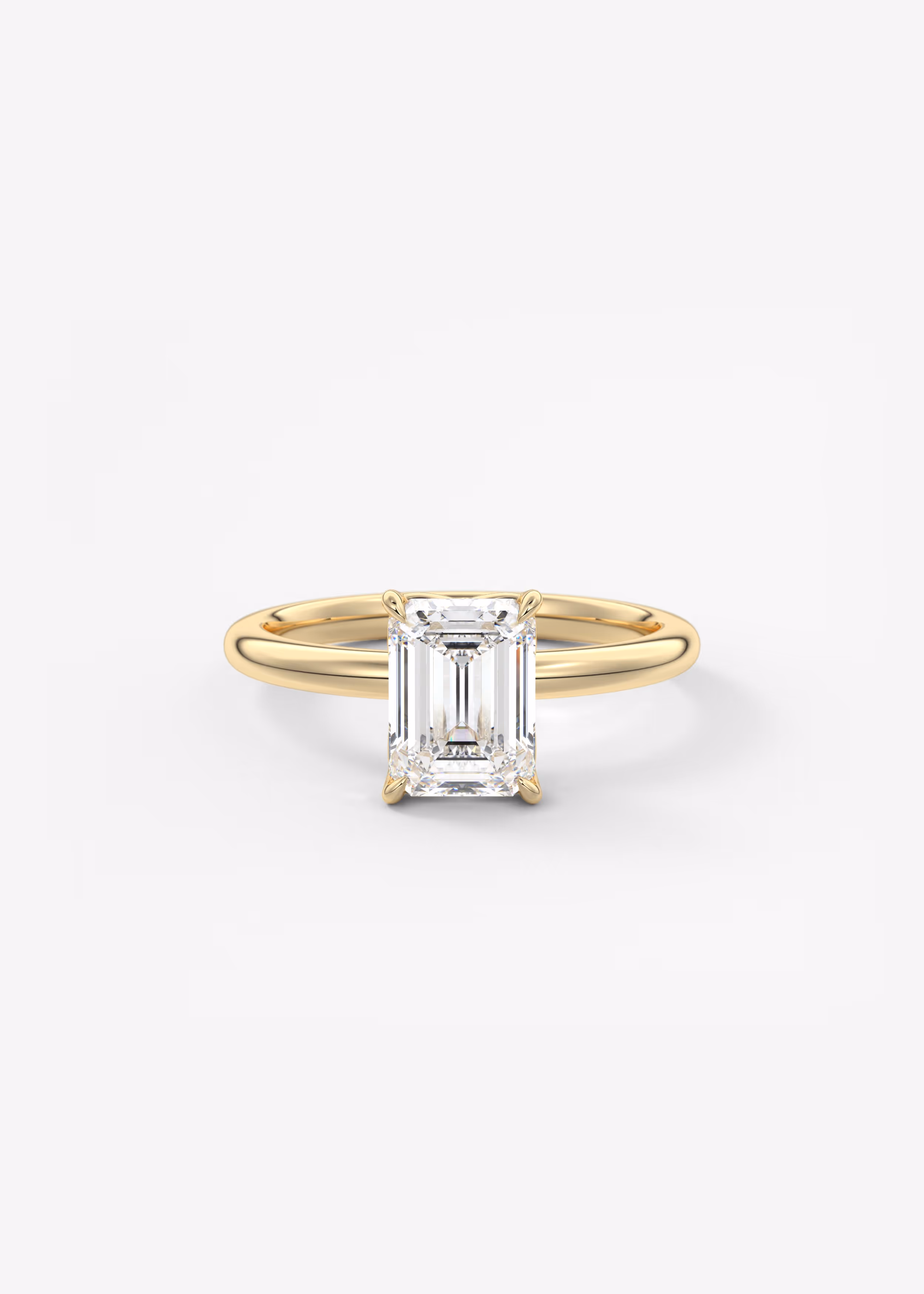 Emerald cut solitaire Frank Darling diamond engagement ring with floral prongs, low profile basket and 1.8mm band