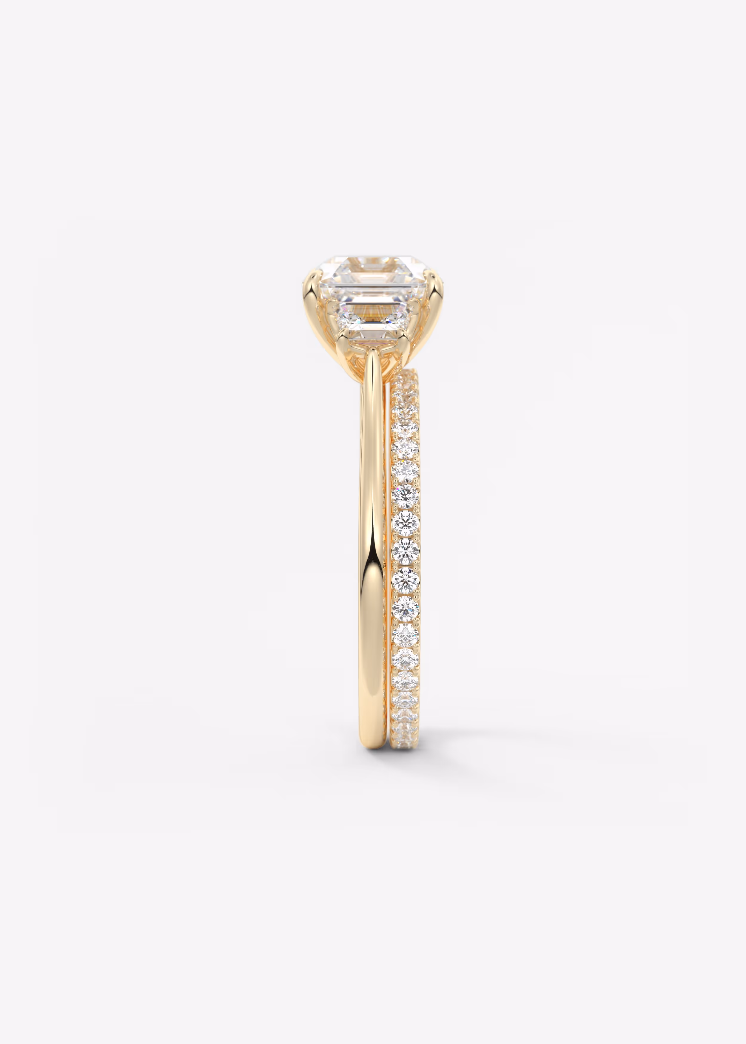 Asscher Trapezoid Three Stone Yellow Gold Engagement Ring