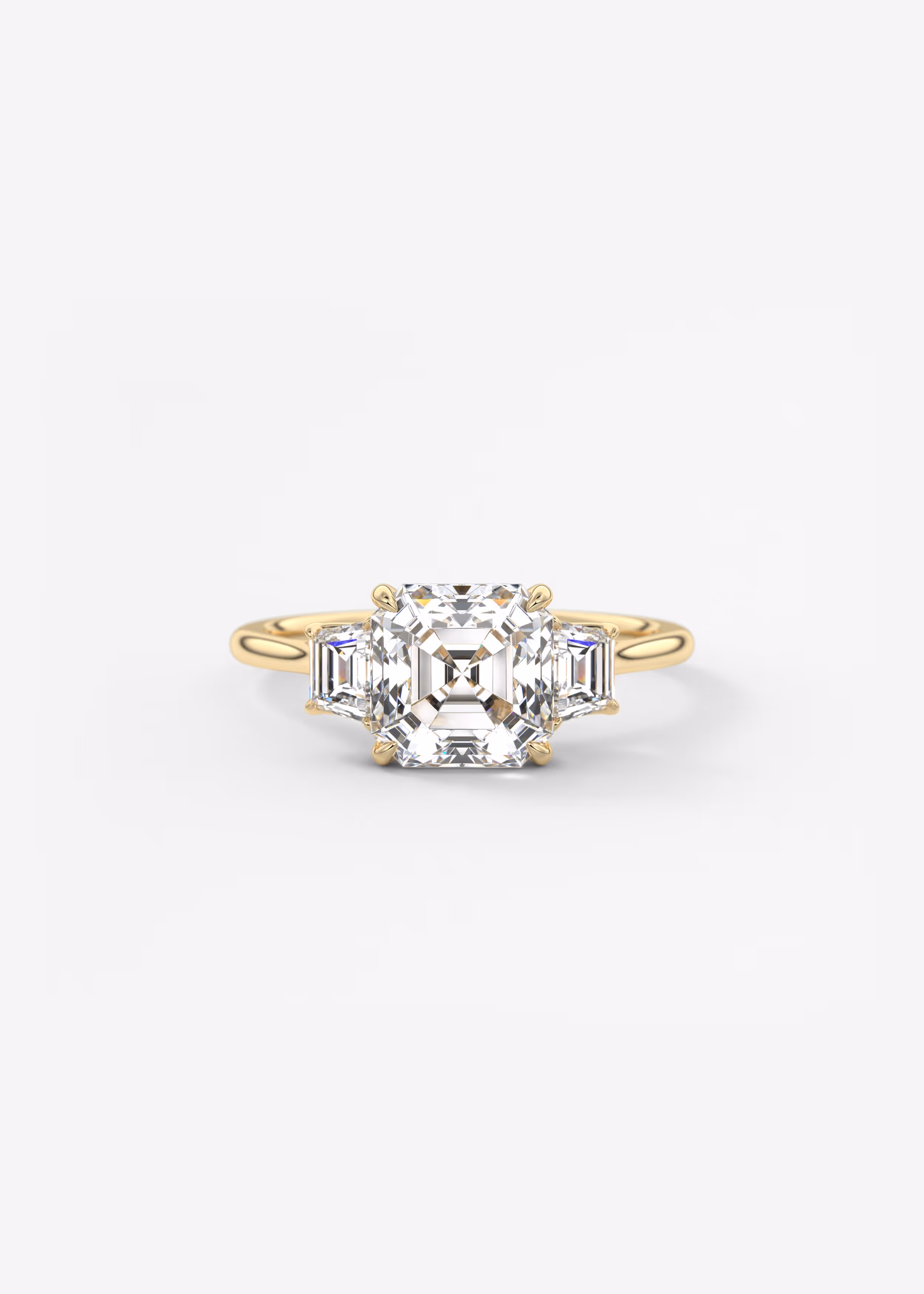 Asscher Trapezoid Three Stone Yellow Gold Engagement Ring